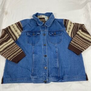 Faded Glory Woman Denim Knit Fair Isle Jacket Plus Size 22W 24W Blue Brown